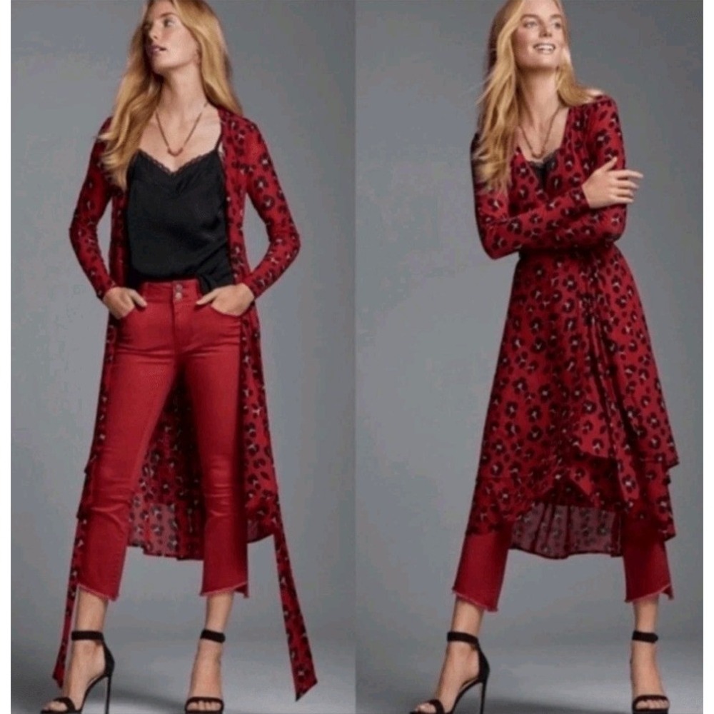 Cabi Red Black Leopard Print Wrap Midi Dress Duster Cardigan Women Size M